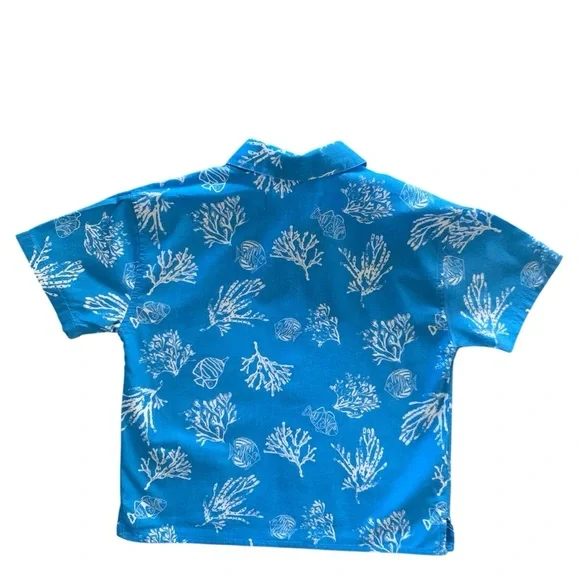 ZARA Baby Boy Blue White Button Up Shirt Beach Ocean Fish Coral Sz 18-24 Months - Picture 2 of 4